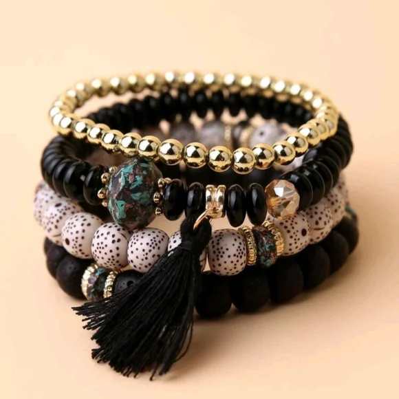 Elegant Gold and Black Beaded Bracelet Set - Picture 1 of 3